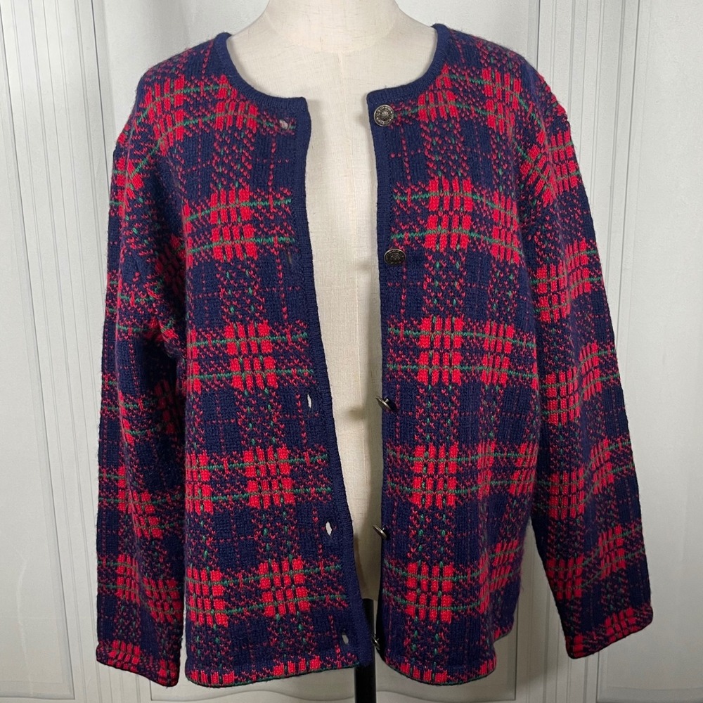 Vintage 90's Susan Bristol Wool Cardigan Sweater Plaid Knit Navy Red Green- L - Picture 3 of 16